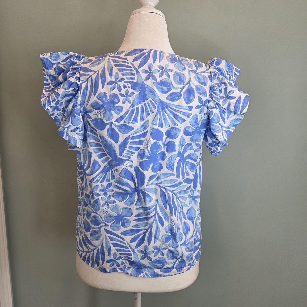 Crown & Ivy Blue White Floral Print Flutter Sleeve Cotton Blouse Size M - Picture 5 of 8
